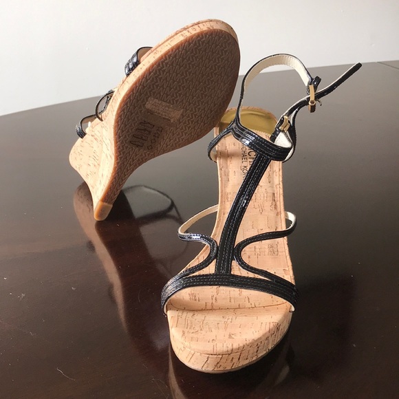 Mandy Leather Wedge Sandal in BLACK | Michael Kors [IL] Michael Michael Kors Glossy Strappy Black Wedges
